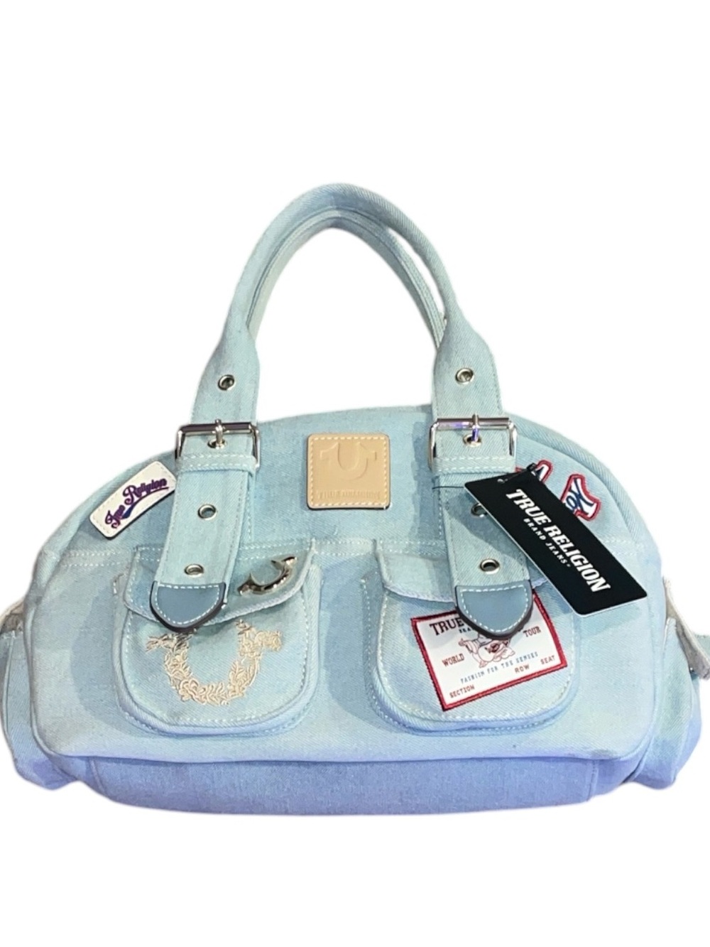 TRUE RELIGION Multi-Patch Denim Satchel Bag NWT - Picture 8 of 16